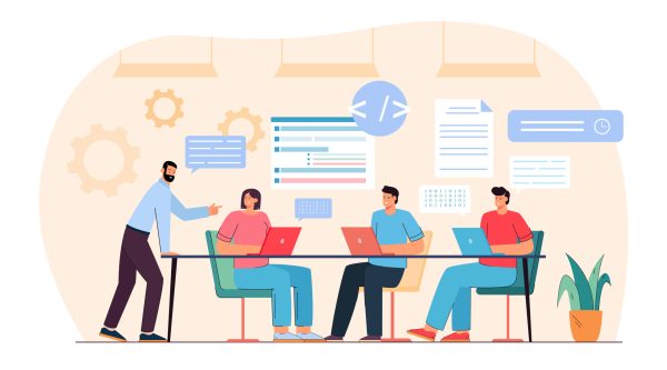 Team of programmers working on program code with laptops. Teamwork of male and female professional testers and coders flat vector illustration. Software development, programming lesson concept